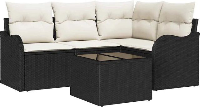 vidaXL Garten-Sofa-Set aus Polyrattan in Schwarz mit Kissen und Couchtisch, 5-teiliges L-Shape Lounge-Set für Terrasse und Garten - Bild 1