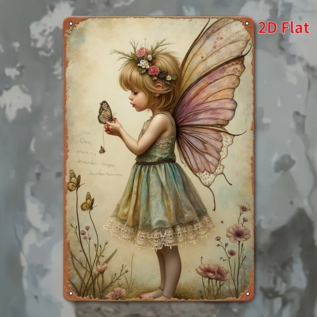 HELLOYOUNG Vintage-Feenschild aus Metall mit floralem Blumenmuster in Multicolour, Wandkunst B: 30,0 cm, H: 20,0 cm - Bild 1