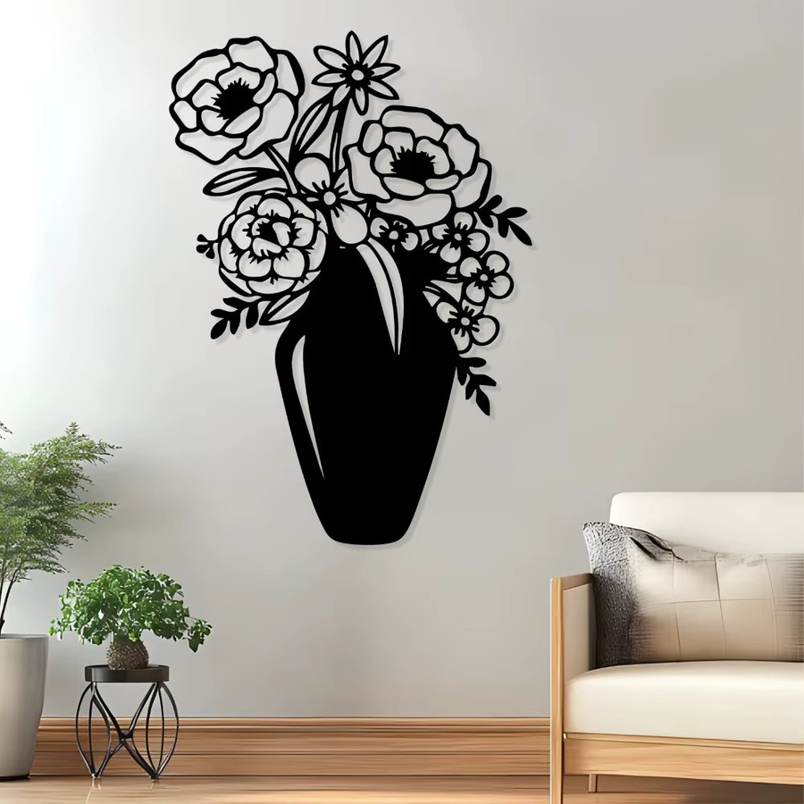 CIFBUY Elegante Wandkunst-Vase aus Metall in Schwarz mit floralem Blumen-Design aus rostbeständigem Eisen - Bild 2