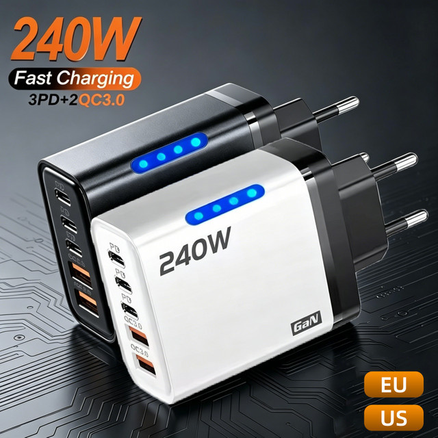 5-in-1 GaN Desktop-Ladegerät mit 240W Schnellladungsadapter, USB-C und 2 USB Anschlüssen für iPhone, Samsung und Laptop - Bild 1