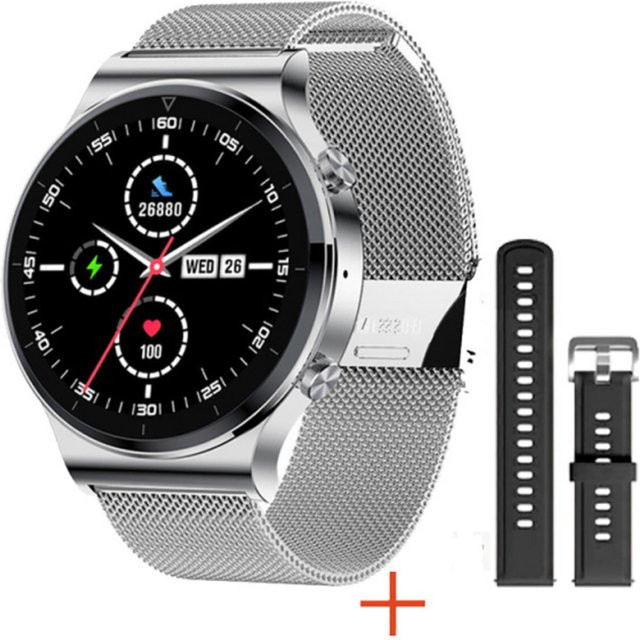 TPFNet Smart Watch Fitness Tracker mit Milanaise Armband für Damen und Herren, IP68 wasserdicht, kompatibel mit Android und iOS, Schwarz und Silber - Bild 1