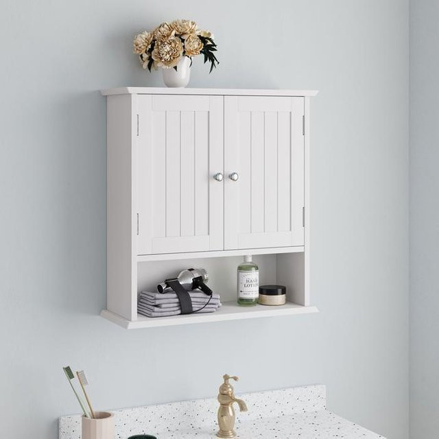 MUVOE Wandschrank für das Badezimmer in Weiß, modern mit verstellbaren Regalen und Türen mit offenem Fach, MDF matt - Bild 1