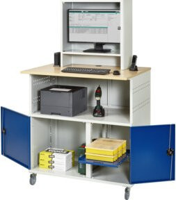 RAU Computer-Station Typ 1023 mit Monitorfach und Rollensatz, BucheDekor und Stahl, B: 110 cm, T: 80 cm, H: 110 cm bis 181 cm - Bild 1
