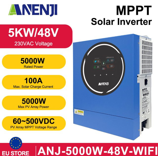 ANENJI 5KW 48V Hybrid-Solar-Wechselrichter mit MPPT 100A, 220V, integriertem WIFI und Dual-Ausgang für Solarpanels und Hausgeräte - Bild 1