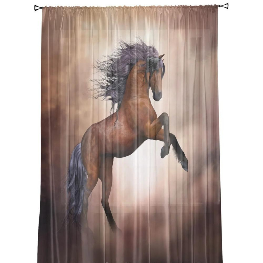 Yiran Furniture Transparentes Voile-Fenstervorhang mit Pferdemotiv in Braun, Organza-Tüll für Wohnzimmer und Schlafzimmer, B: 135 cm, H: 115 cm - Bild 2
