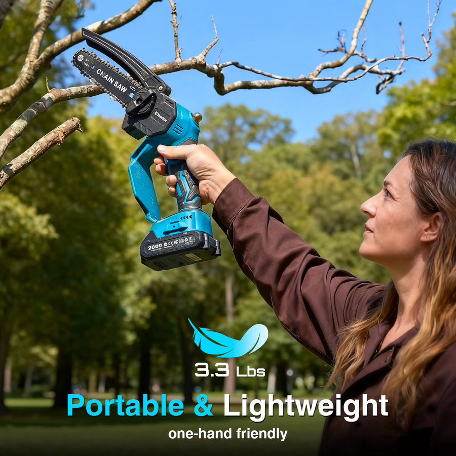 TaskStar Mini 6-Zoll Handheld-Kettensäge in Blau mit 2 Akkus 2.0Ah und Auto-Ölung, kompatibel mit Makita 18V Akkus - Bild 8