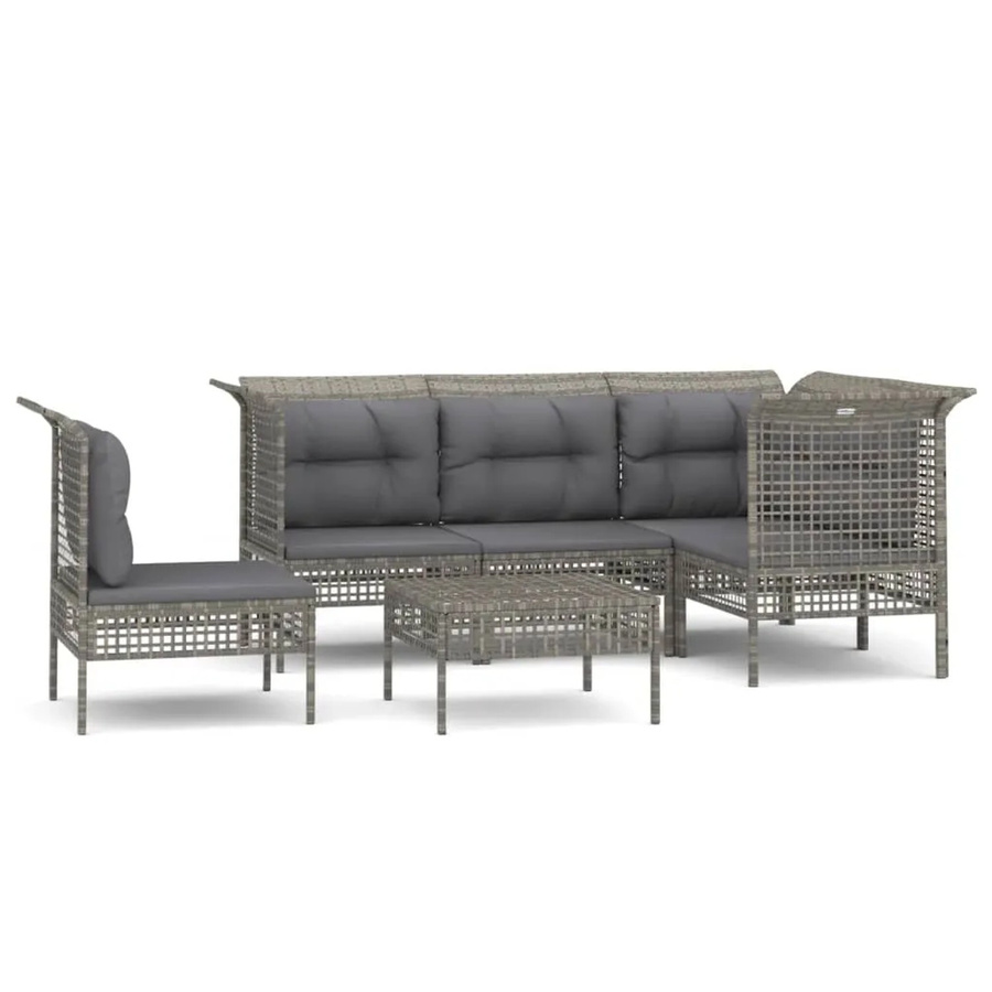 vidaXL 6-tlg Garten-Lounge-Set in L-Form mit Kissen und Ottoman, Grau, Poly Rattan und Metallrahmen - Bild 2