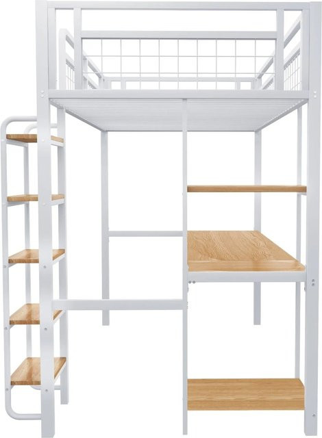 KOMHTOM Hochbett Einzelbett für Kinder mit Tisch und Regalen, Weiß, Metall und MDF - Bild 1