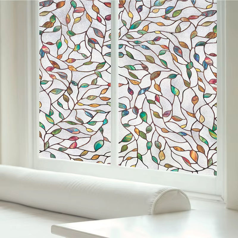 WXSHSH Glasfolie mit buntem Blattmuster, statisch haftendes Sichtschutz-Vinyl in floralem Design, wiederverwendbare Tönungsfolie für Heimbüro und Fenster - Bild 2