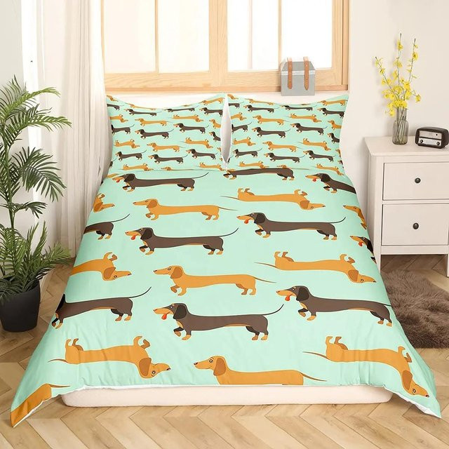 Bettwäscheset mit Cartoon-Dackel von Your Warm Home in Beige, 3-teiliges Set aus Polyester mit Bettbezug und Kissenbezügen - Bild 1