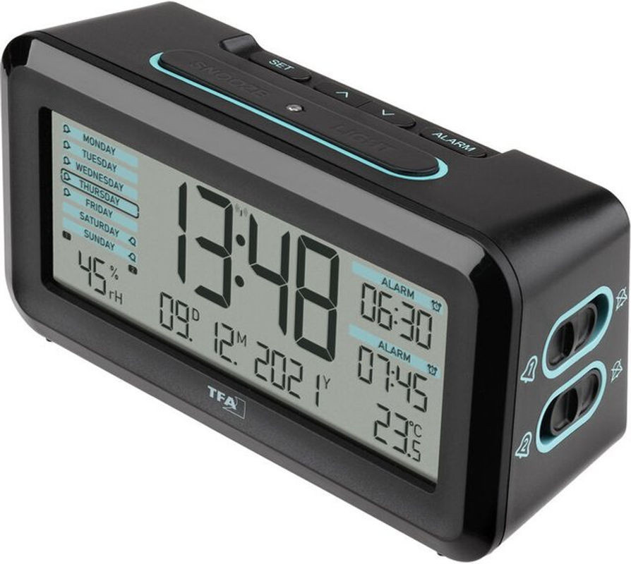 TFA Dostmann Digital Funk Wecker mit Thermometer und Hygrometer in Schwarz und Blau - Bild 1