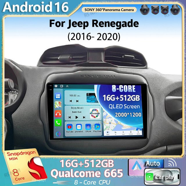 RSNAVI Android 16 Autoradio für Jeep Renegade 2016 - 2020 mit 2K QLED Display, GPS, AI Sprachsteuerung, CarPlay und 4G Unterstützung in Schwarz - Bild 1