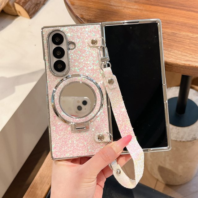 Silberne Glänzende Puder-Kompaktspiegel Handyhülle mit Magnet und Trageriemen für Samsung Z Fold 7/6/5/4/3 - Bild 1