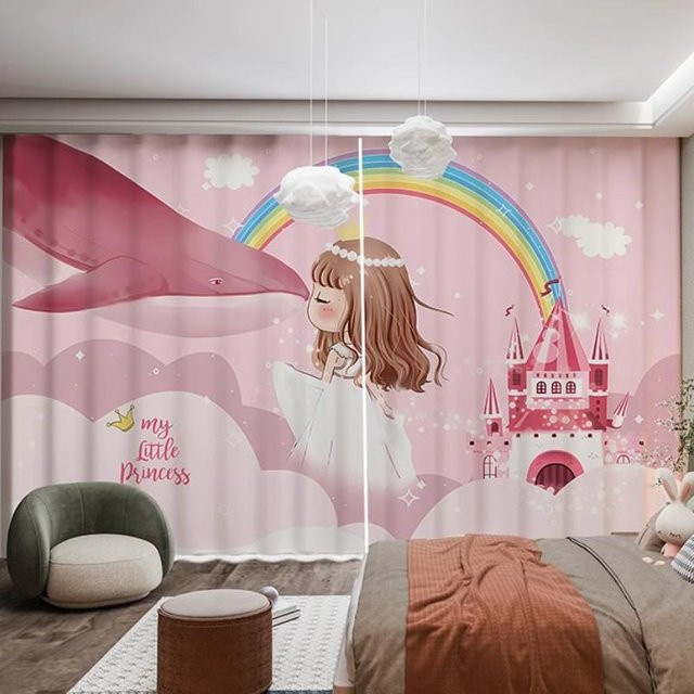 Yiran Furniture Einhorn Vorhang für Kinder und Mädchen in Rosa und Mehrfarbig, 2er-Set mit Ösen, halbtransparent, B/H: 75 x 166 cm - Bild 1