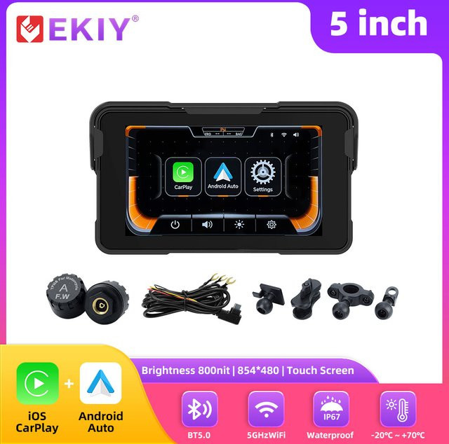 EKIY 5-Zoll Motorrad-Navigation mit Wireless CarPlay und Android Auto, GPS-Display in Schwarz - Bild 1