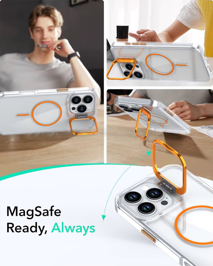 Vyimc MagSafe Handyhülle mit unsichtbarem Objektiv-Ständer für iPhone 14 15 16 17 Pro Max Plus 13 12 11 in Transparent und Silber - Bild 3