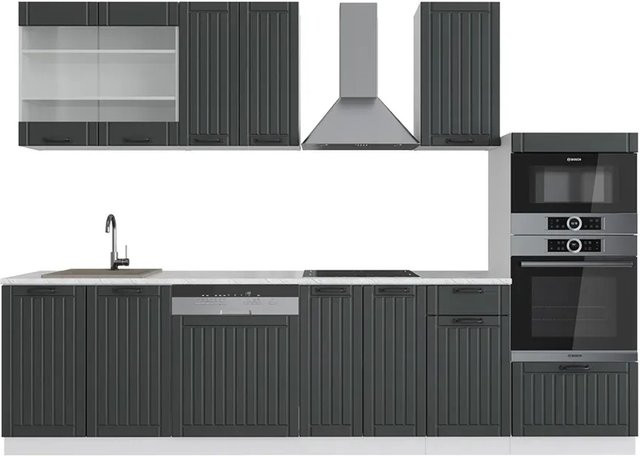 Vicco Fame-Line Küchenzeile im Landhausstil in Anthrazit und Weiß mit Hochschrank und Marmor-Arbeitsplatte, Breite: 300 cm - Bild 1
