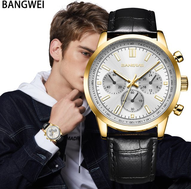BANGWEI Armbanduhr, Quarz, Leder, Schwarz, Gold, Herren - Bild 1
