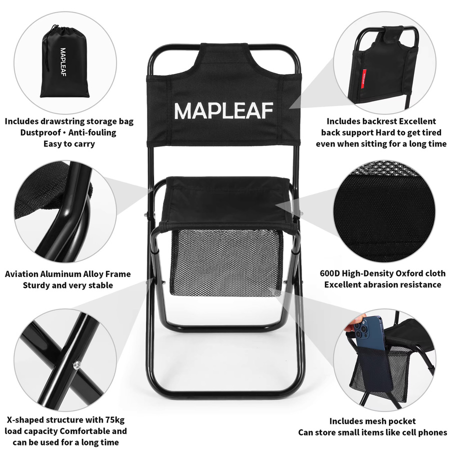 MAPLEAF Faltbarer Strandstuhl in Schwarz, ultraleichter und tragbarer Campingstuhl für Outdoor, Picknick und Angeln - Bild 4