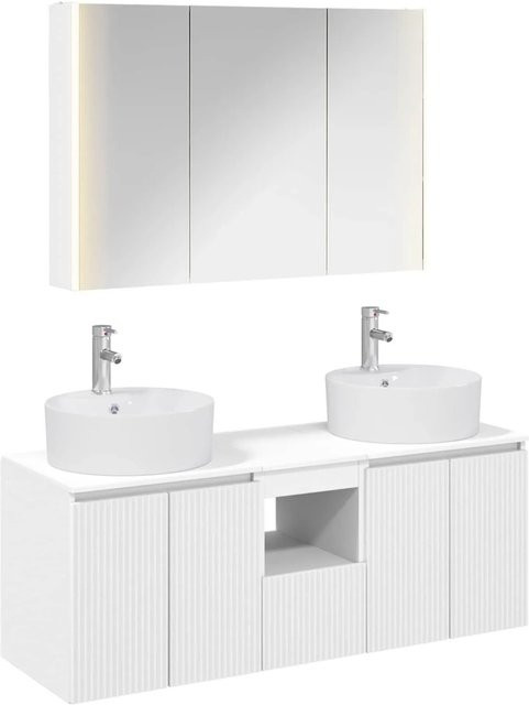 vidaXL Badezimmerschrank-Set 4-teilig in Weiß, modernes Design mit Waschtischunterschrank, Spiegelschrank mit LED-Beleuchtung und Wandschrank aus MDF - Bild 1