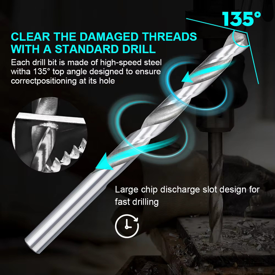 XCAN Gewinde Reparatur Kit in Silber für M3 M4 M5 M6 M8 M10 M12 M14 Schrauben mit Bohrer und Gewinde Einsätzen zur Reparatur beschädigter Gewinde - Bild 4