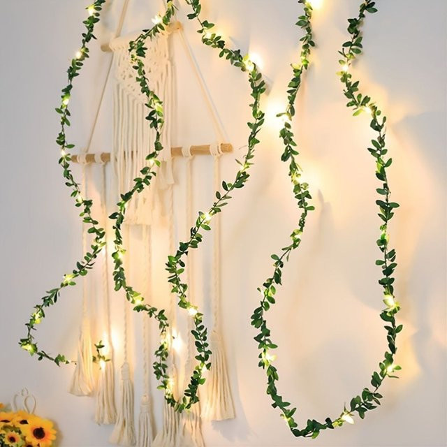 MENGHAO Grüne Blatt-Lichterkette mit künstlichen Blättern und Ranken für Heim, Hochzeit, Party und Gartendeko, 2 m - Bild 1