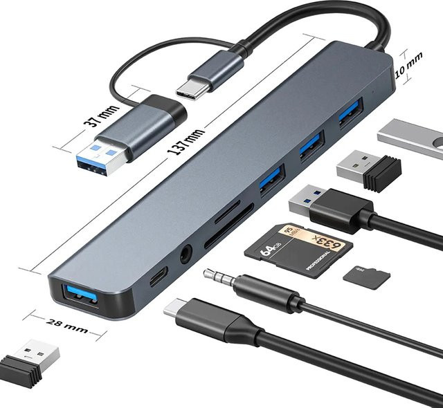 IPUMYNO 8 in 1 USB C Hub in Grau mit 4 USB Ports, TF/SD Kartenleser und 3,5 mm Audio Ausgang kompatibel für MacBook - Bild 1