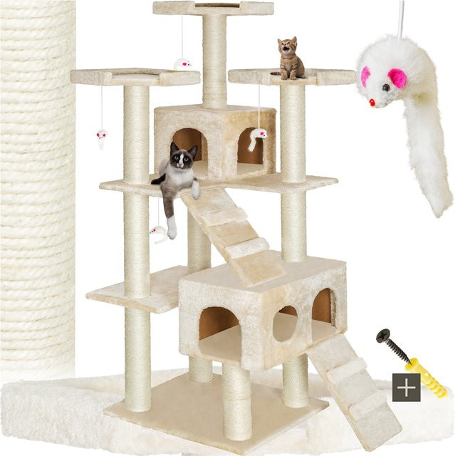 tectake Kratzbaum Knuti mit 2 Katzenhäusern und integriertem Spielzeug in Beige, B/T/H: 56 x 51 x 186 cm - Bild 1