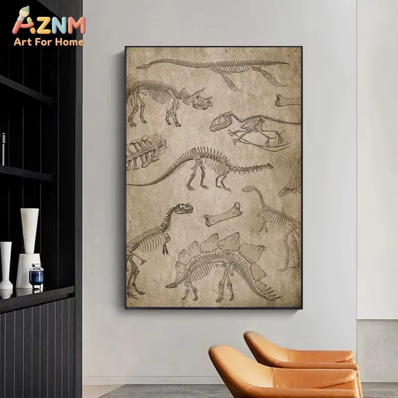 AZNM Vintage Dinosaurier-Skelett Anatomie Leinwand-Wandkunst mit T-Rex Fossil-Skizzen-Druck für deine Dekoration - Bild 3