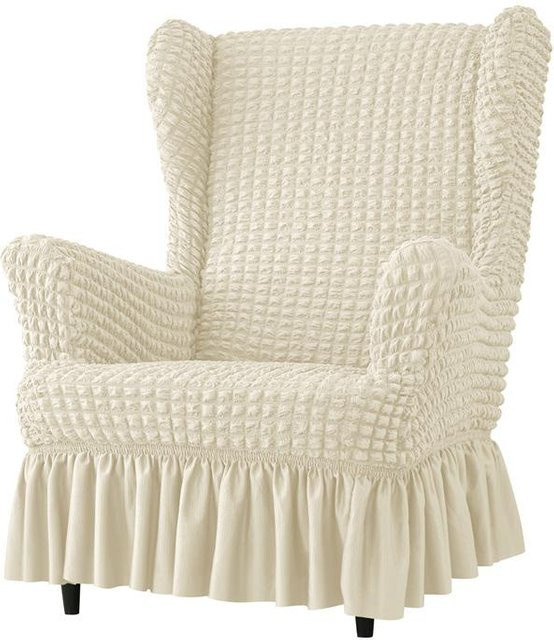 Elastischer Sesselbezug aus Seersucker in Beige als Möbelschutz für Ohrensessel - Bild 1