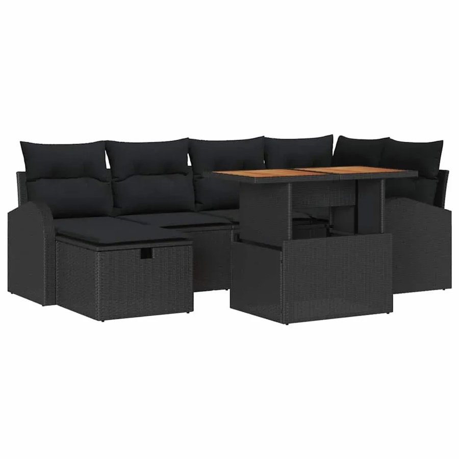 7-tlg. vidaXL Garten-Sofa-Set aus Poly-Rattan in Schwarz mit Kissen und Tisch im L-Shape Design - Bild 2