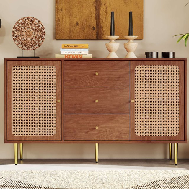 Moderne Kommode von Aosom in Braun mit Rattan-Design und Magnetverschluss, höhenverstellbar, B/T/H: 150 x 40 x 90 cm - Bild 1