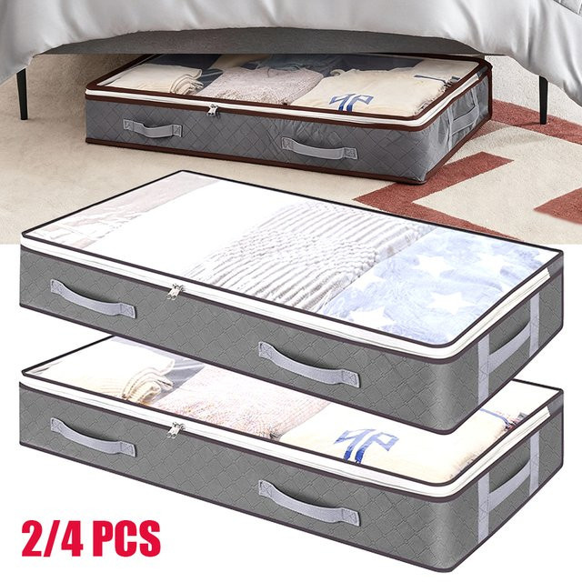 LONENESSL Unterbett-Aufbewahrungstaschen aus Vlies, 2er-Set, grau, B: 100 cm, T: 50 cm, H: 15 cm, faltbar und staubdicht - Bild 1