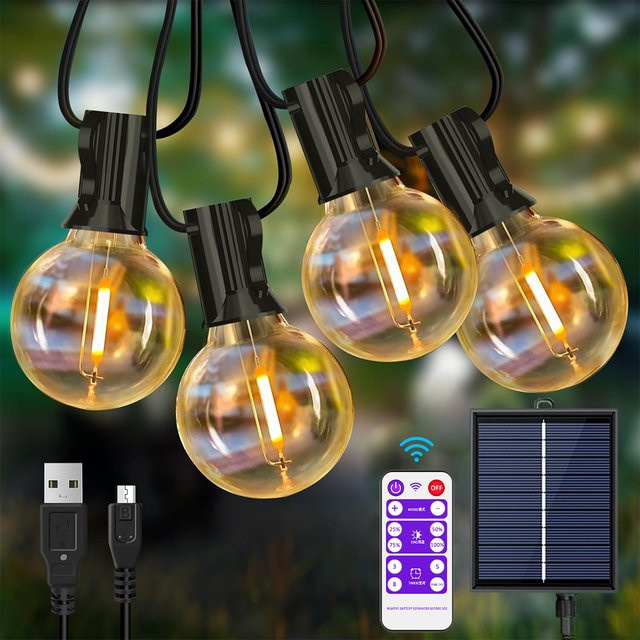 Aiopp Solar-Lichterkette für den Außenbereich mit RGB LED Globe Glühbirnen, USB- und solarbetrieben, IP44 wetterfest, Vintage Filament Design, Schwarz, Transparent - Bild 1