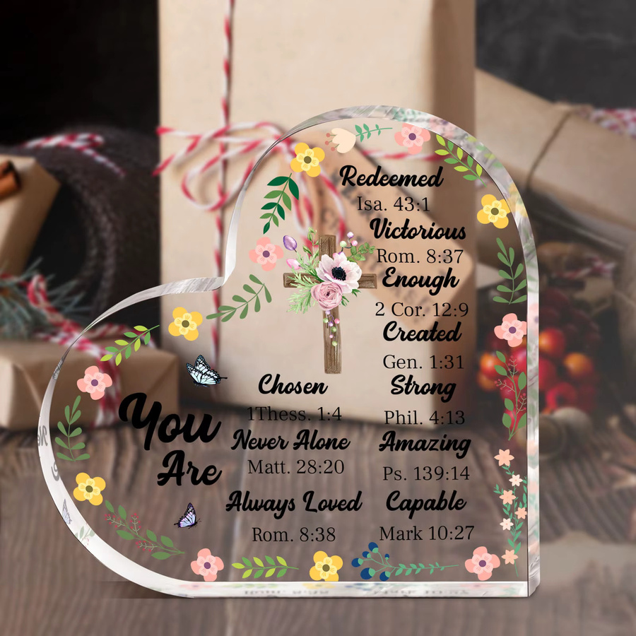 CIFBUY Herz-Acryl-Plakette in Weiß mit floralem Blumendesign und inspirierendem Bibelvers als Tischdekoration - Bild 3