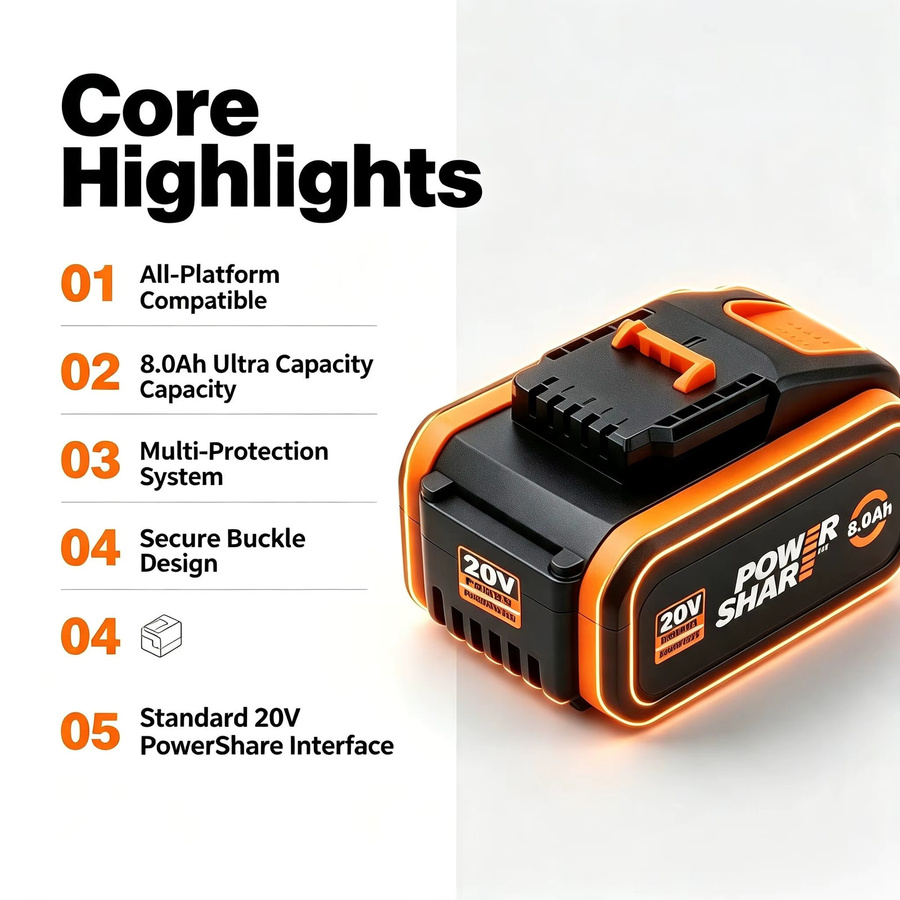 Worx Lithium-Ersatzakku 20V mit 8000mAh in Schwarz, kompatibel mit WA3553 WA3551 WA3572 sowie WX390 WX176 WX178 WU268 kabellosen Elektrowerkzeugen - Bild 7