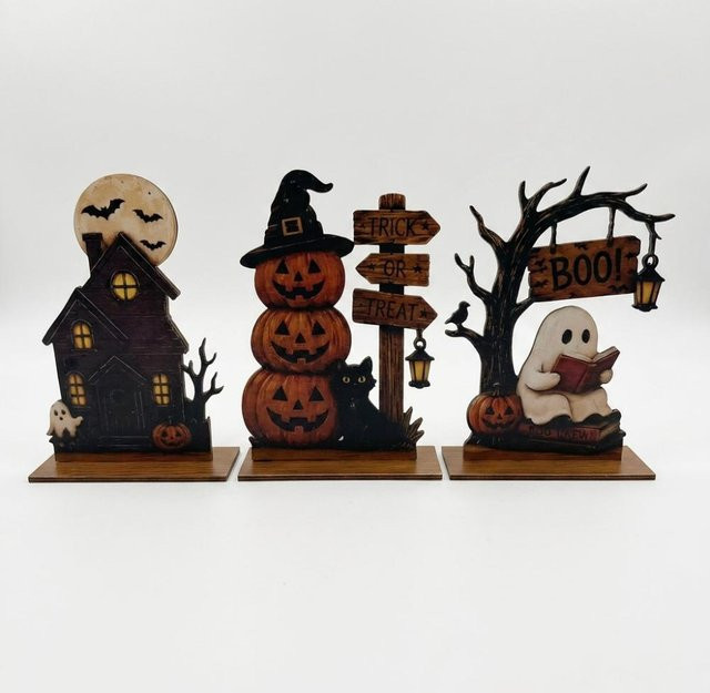 BooPai Vintage Halloween Holz Tischschild Set, 3er Pack Spukhaus Tischdekoration, Schwarz und Mehrfarbig - Bild 1