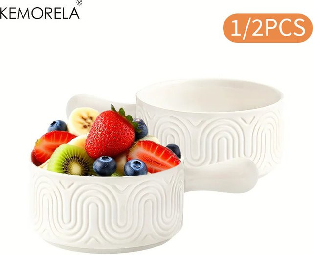 KEMORELA Keramikschüssel mit Griff in Weiß, geprägtes Design für Zwiebelsuppe, Käse oder Müsli - Bild 1