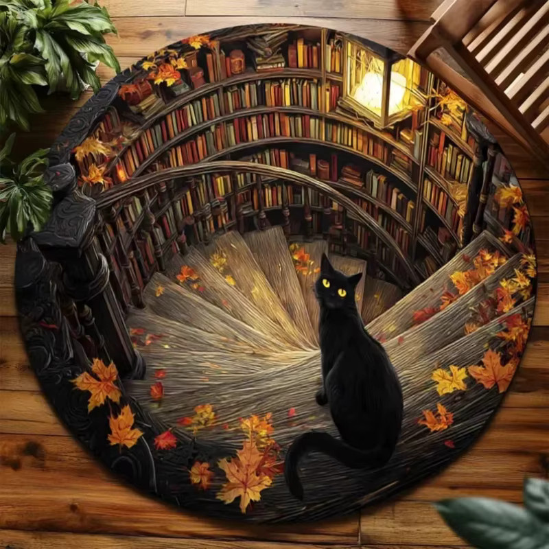 VIKAMA 3D-Illusions-Teppich Schwarze Katze, runder Plüsch-Teppich in Schwarz und Multicolour für Katzen- und Buchliebhaber - Bild 1