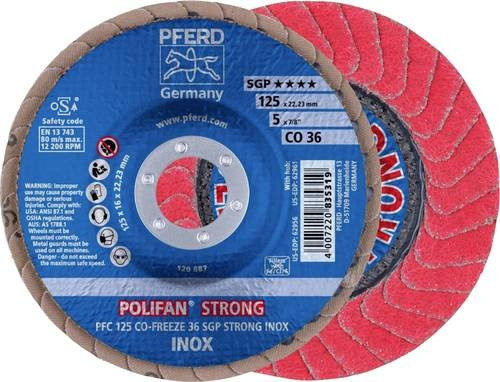 PFERD POLIFAN STRONG Fächerschleifscheibe CO-FREEZE 36 SGP INOX für Edelstahl, Farbe: Blau, Durchmesser: 125 mm, Bohrungs-Ø: 22,23 mm - Bild 1