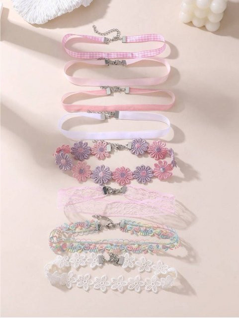 8-teiliges Set Choker-Halsketten, Blumen-Spitze, Bunt - Bild 1