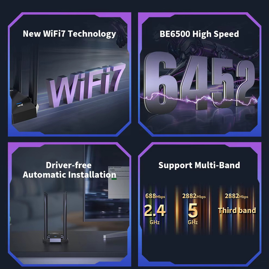 Comfast WIFI7 USB-WLAN-Adapter mit 6500 Mbit/s, treiberfreier USB 3.0 WLAN-Empfänger in Schwarz - Bild 3