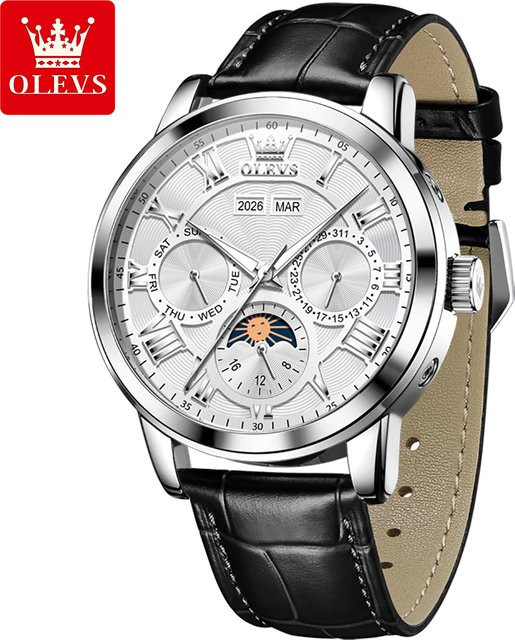 OLEVS Armbanduhr Automatik, Mondphase, ewiger Kalender, Edelstahl, Leder, Herren - Bild 1