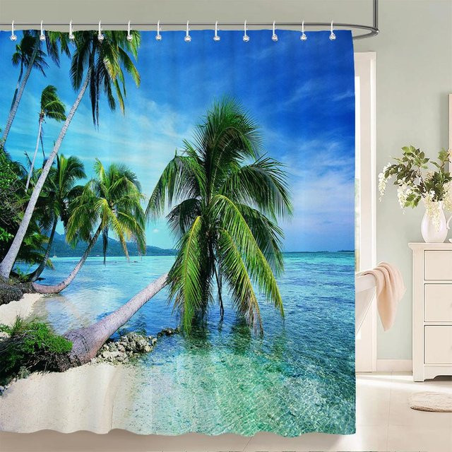 Wasserfester Duschvorhang mit 3D Strand Landschaft Design von Baifenbai Home Furnishing in Blau, B/H: 240 x 180 cm - Bild 1