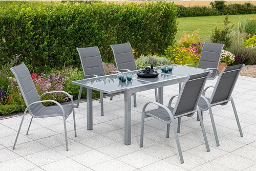 Merxx Gartenmöbelset Amalfi 7-teilig aus Aluminium und Textil in Grau mit Tisch und 6 Stapelsesseln, Tisch Breite: 140 cm, Tiefe: 90 cm, Höhe: 76 cm - Bild 1