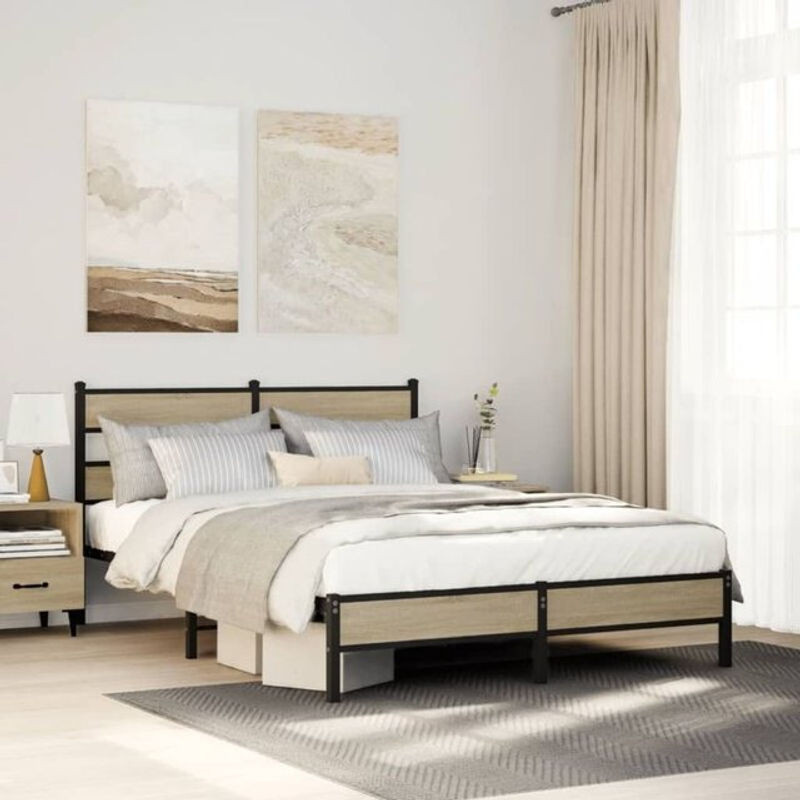Bettgestell ohne Matratze Vidaxl in Sonoma-Eiche Natur aus Holzwerkstoff und Metall, B/T/H: 137 x 190 x 91,5 x 196 cm - Bild 1