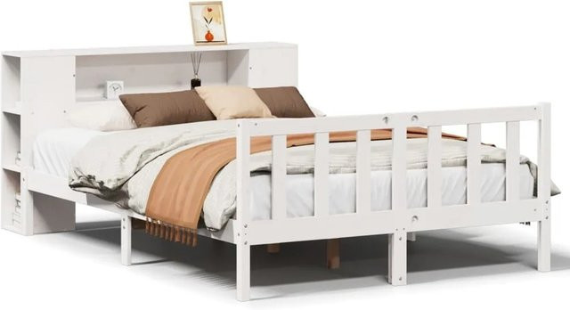 vidaXL Massivholzbett aus Kiefer mit Regal in Weiß, B/T/H: 140 x 190 cm - Bild 1