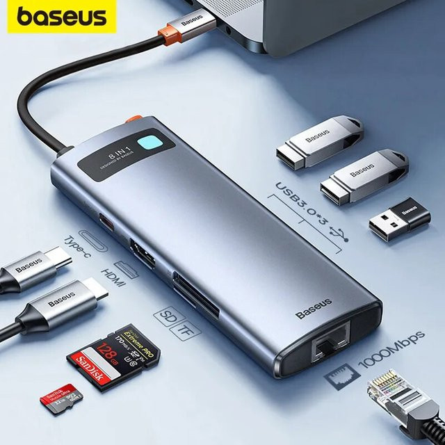 Baseus USB-C Hub mit 4K 60Hz, Ethernet/LAN und PD 100W Ladung, USB 3.0 Adapter für Macbook Pro und Laptop, Grau - Bild 1