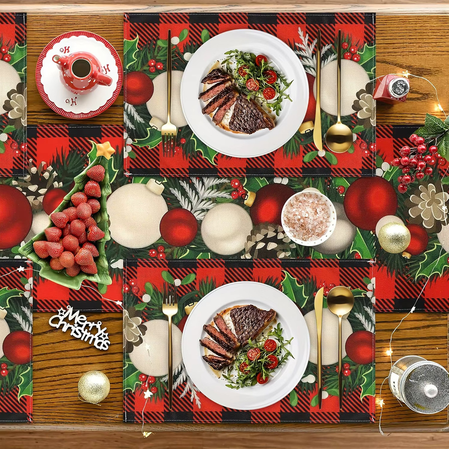 VIKAMA 4-teiliges Weihnachts-Tischset in Schwarz und Rot mit Karomuster für deine festliche Tischdekoration - Bild 2