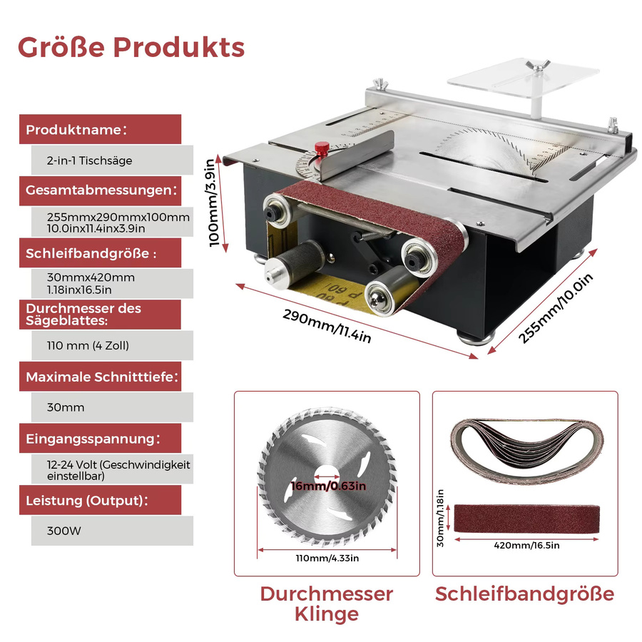 Multifunktionale 2-in-1 Mini-Tischkreissäge und Bandschleifer mit 300W Doppelmotor-Steuerung und Edelstahl-Arbeitstisch in Silber, B/T/H: 29,0 x 25,5 x 10,0 cm - Bild 3
